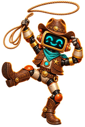 A dancing rustic cowboy robot celebrates