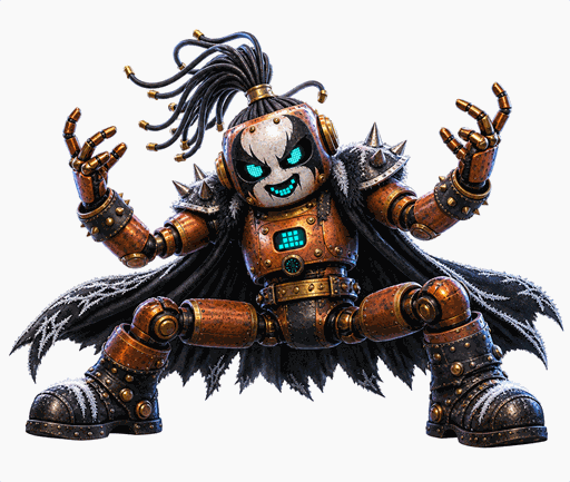 A funny frosty black-metal robot performs a crab-walk victory dance