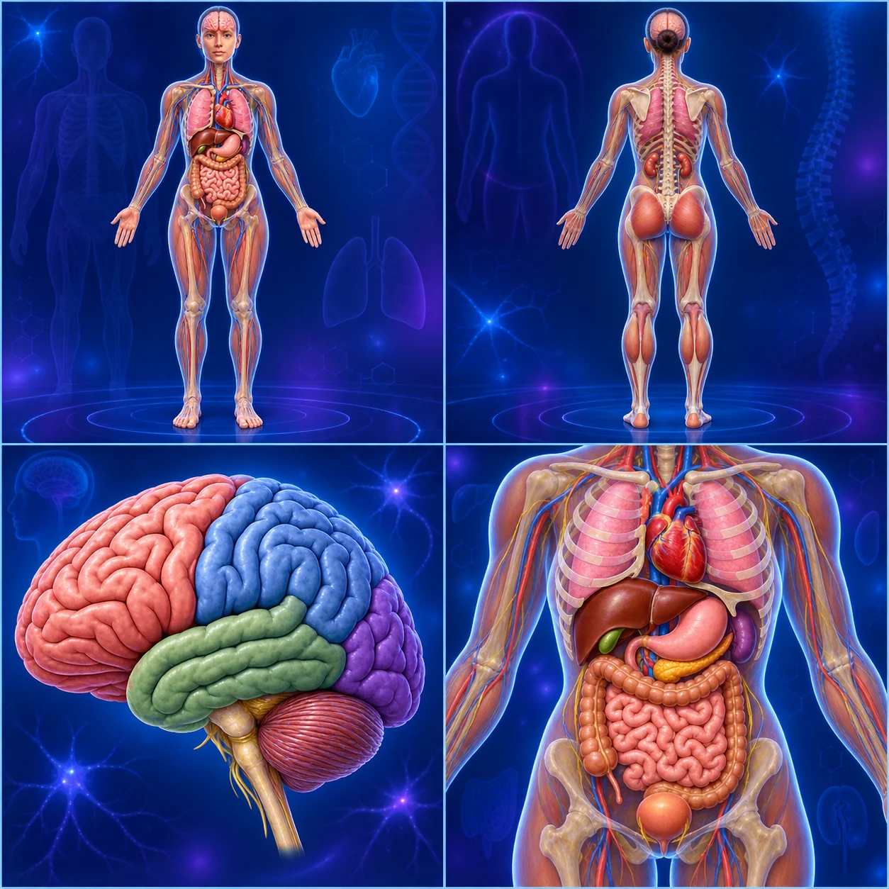 Four-panel clinical anatomy board showing the front body, back body, brain and abdominal organs