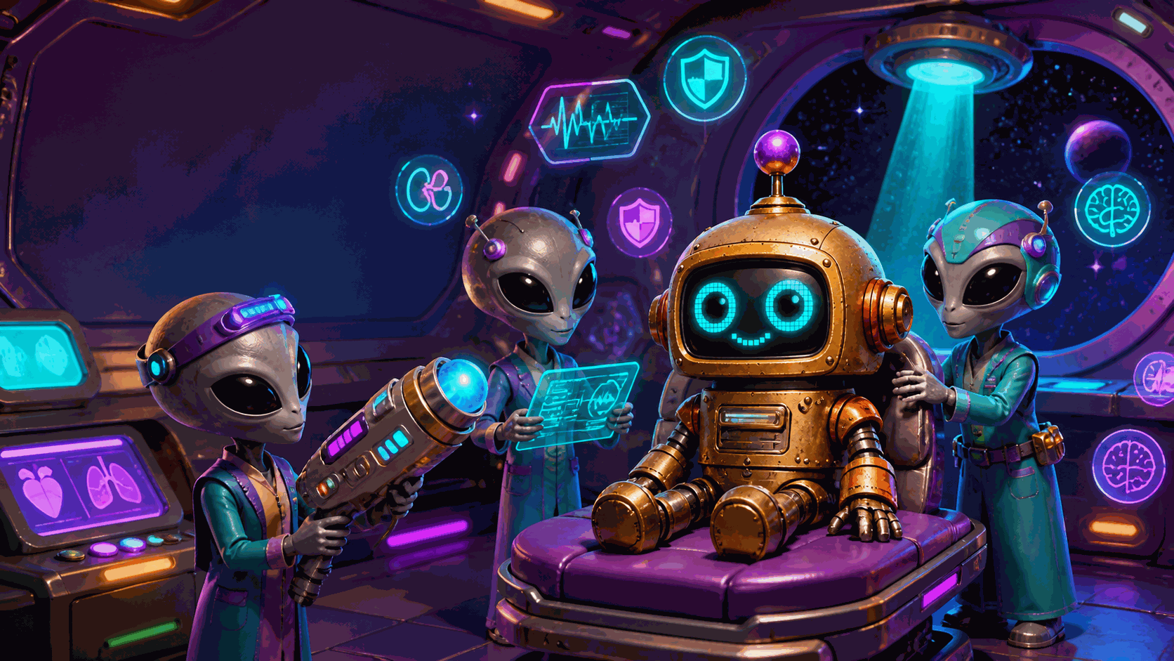 Friendly gray alien clinicians examine a safe copper robot in a jewel-toned spaceship lab