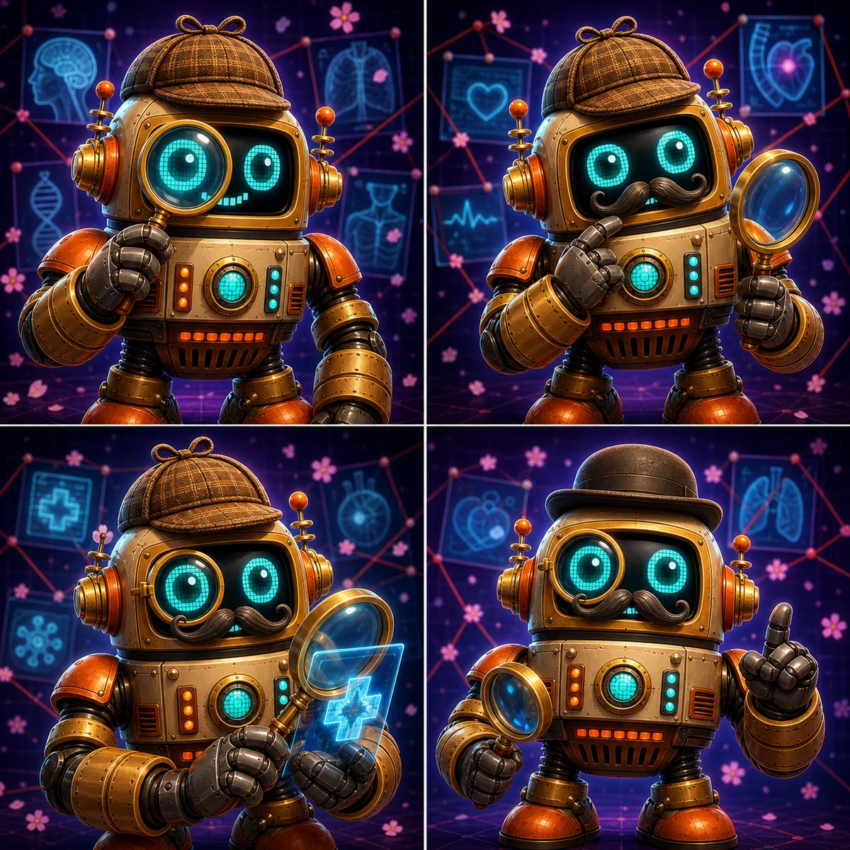 Four detective versions of Awesom-o 2000 with hats, monocles, moustaches and magnifying glasses