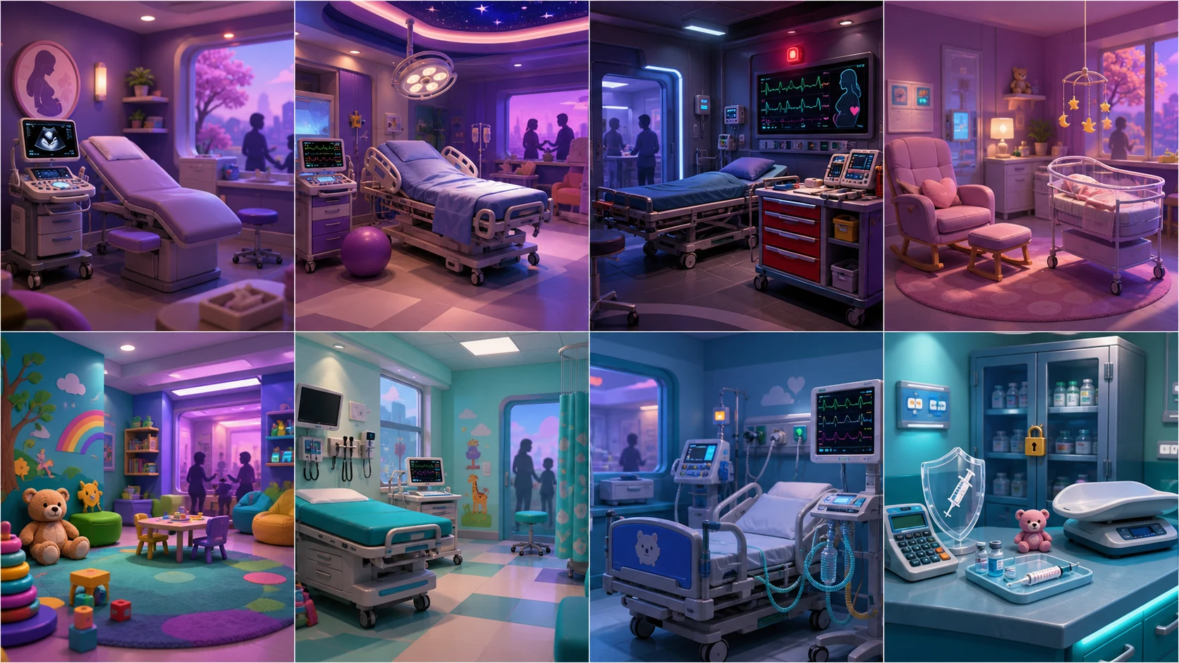 Eight illustrated maternal-newborn and pediatric clinical game rooms