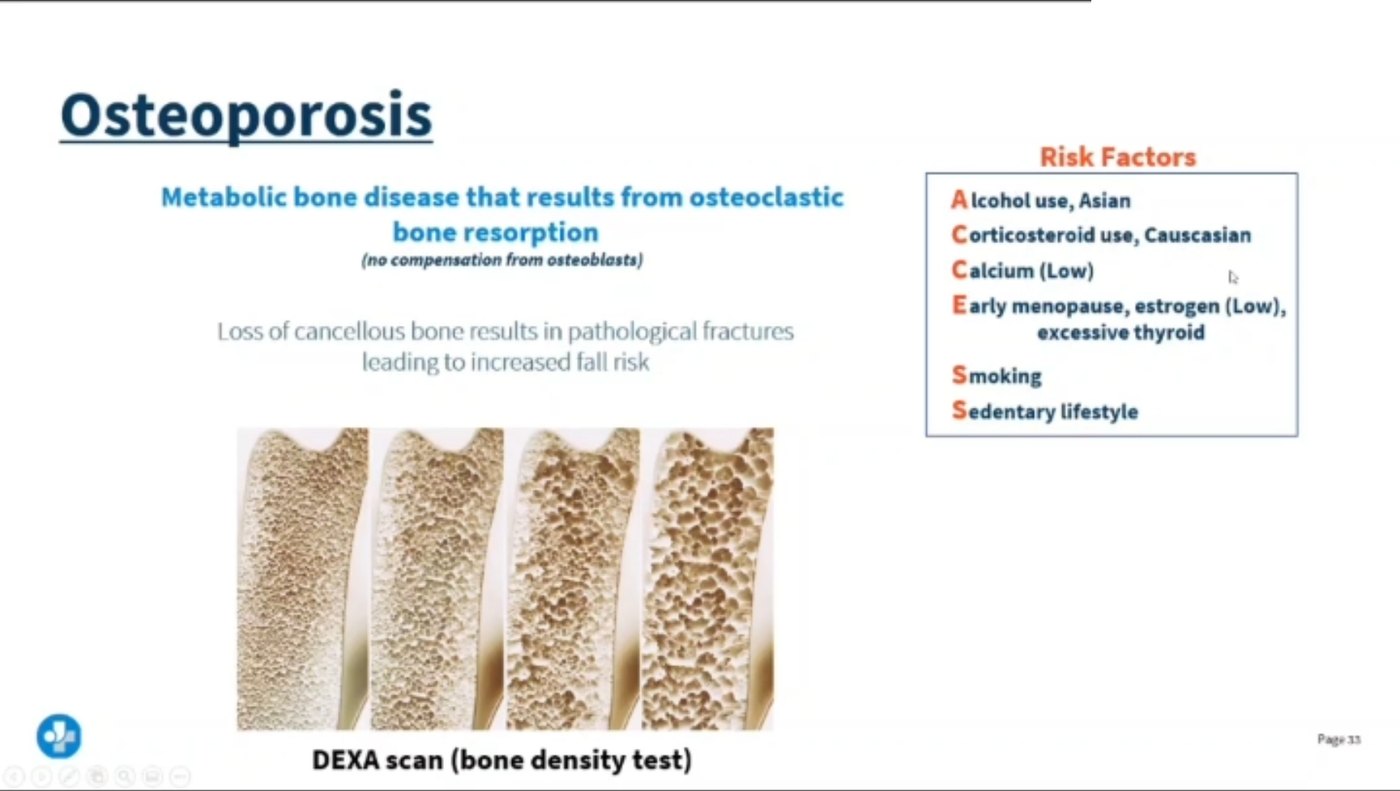 Lecture slide on osteoporosis showing four bone density images from dense to porous, a DEXA scan label, and the ACCESS risk factor mnemonic.